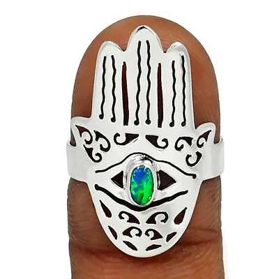 Hamsa Hand - Lab Created Fire Opal 925 Sterling Silver Ring Jewelry S.7 CR35398 • £9.64