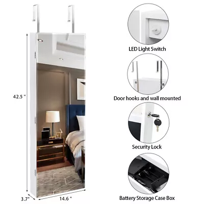 Jewelry Cabinet Lockable Wall/Door Mounted Jewelry Armoire W/ LED Light & Mirror • $100.59