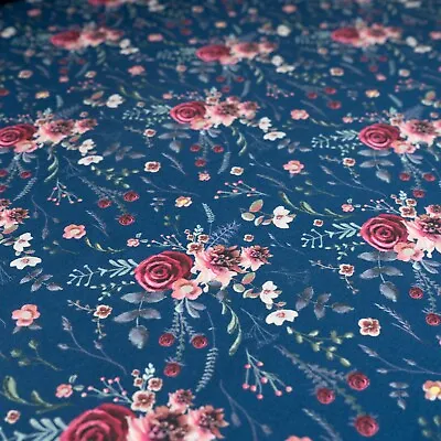 Cotton Jersey Fabric Roses Bouquet On Navy Floral Stretch Knit Fabric • £8.25