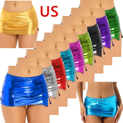 US Women Shiny Split Cut Micro Mini Skirt Rave Dance Club Ultra Short Partywear • $7.35