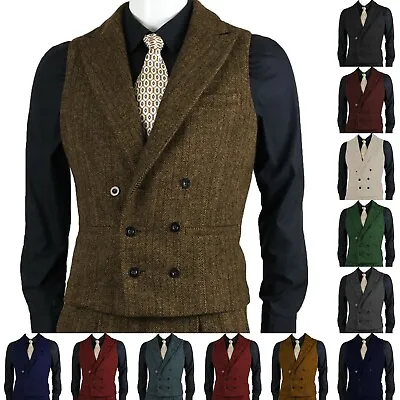 Men Western Tweed Vest Double-Breasted Vintage Casual Wool Vests Large XL XXL • $29.69