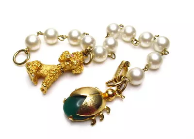 Vintage Faux Pearl Charm Bracelet Green Glass Insect Charm • $0.99