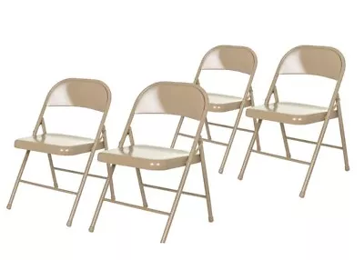 NEW Hampden Beige 4 All Metal Folding Chair Set Solid Seat Indoor Outdoor • $30