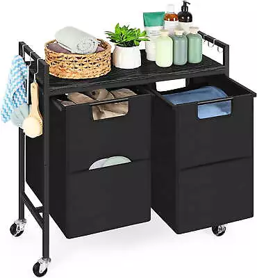 Rolling Laundry Hamper Basket With 11.8Gal Double Removable Bags&Gray Wood Shelf • $43.19