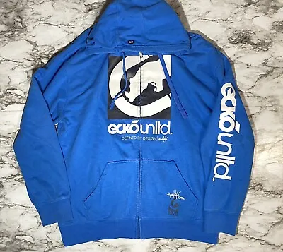 Y2K Ecko Unltd Hoodie Mens XL Blue Full Zip FLAWS Sweatshirt Heavyweight • $29.99