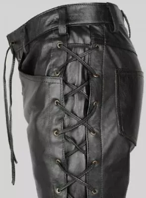 Men's Lace Up Pants Real Leather Sides & Front Laces Up Motorcycle Biker Trouser • £91.99