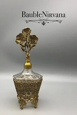 Vintage Made In Germany Glass Perfume Bottle Poppy Flower Stopper Gilt Frame • $40.40