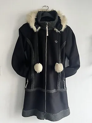 Hooch Women’s Dressed Coat Pom Pom Jacket Size 12 Polyester Outer Black/grey • £5