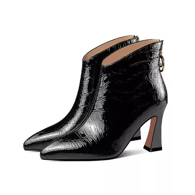 Womens Patent Leather Back Zip Pointed Toe High Heels Casual Ankle Boots US 5-13 • $95.67