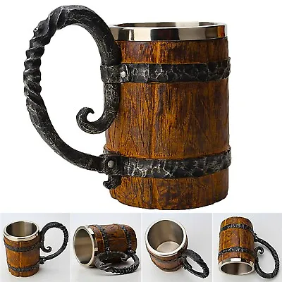 Wooden Barrel Stainless Steel Resin 3D Beer Mug Tankard Coffee Tea Cup Wine Gla • $22.99