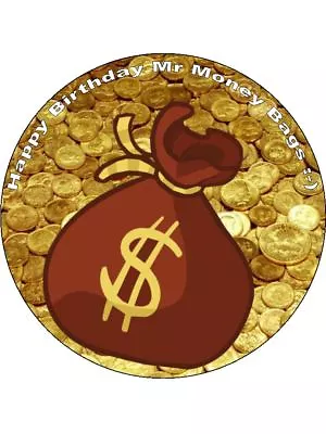 Mr Money Bags Coins Funny Personalised Wafer Or Icing Edible Round Cake Topper • £4.14