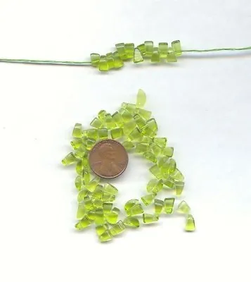 50 VINTAGE GLASS PERIDOT LIME GREEN HANDMADE 5x8mm. TRIANGLE DROP BEADS 4211 • $1.49