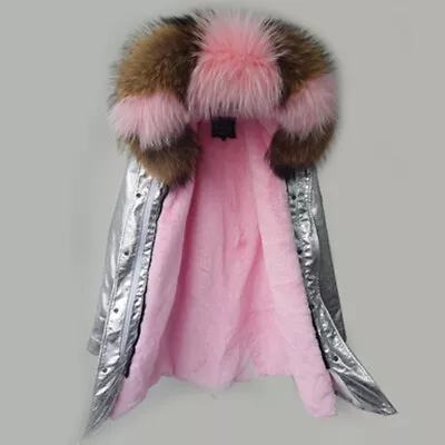 Ladies Natural Raccoon Fur Collar Parka Thick Hooded Lining Long Coats Jackets  • $151.19