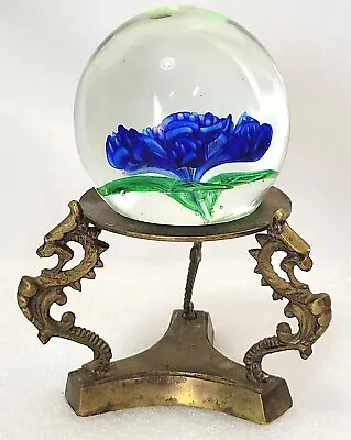 Vintage Brass Dragon Display Stand With Blue Flora Crystal Ball ~ Candle Holder • $29