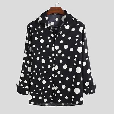 Mens Retro Polka Dot Long Sleeve Button Down Shirt Slim Fit Shirt Tee Blouse Top • $21.80