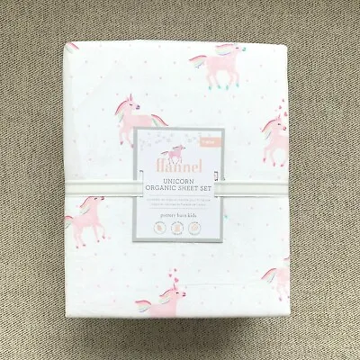 NEW Pottery Barn Kids Organic Flannel Rainbow Unicorn Twin Sheet Set Pink Horse  • $89