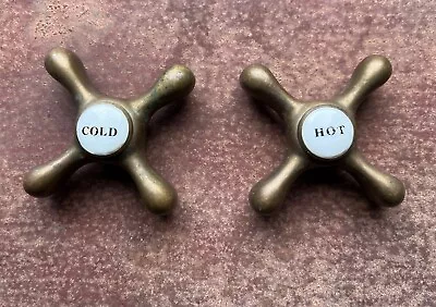 Antique Vintage Faucet Sink Hot And Cold Porcelain Button Brass Knobs • $19