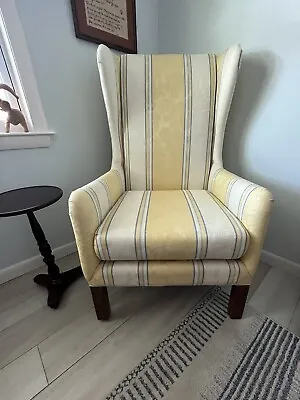 Bright Wingback Chair-Yellow Beige&Blue Stripped Upholstery-Vintage Large Chair • $150