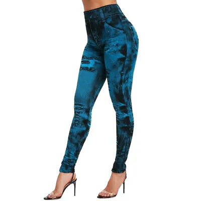 Womens Ladies Leggings Pants Plus Size Stretchy Denim Look Skinny Jeggings UK • £6.99