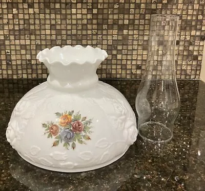 VTG Milk Glass W Roses Ruffled Top Hurricane Electric Lamp Shade & Lamp Chimney • $49.95