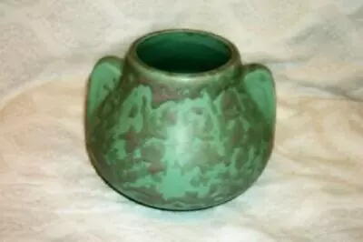 ARTS AND CRAFTS MISSION MATTE GREEN MOTTLED VELLUM POT McCOY BRUSH EAR HANDLES • $69