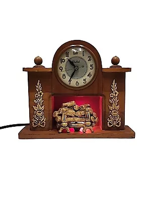 Vintage 1940 UNITED Corp. Clock Light-up Fireplace Electric Wooden Mantle Clock • $44.59