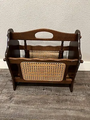 Vtg MCM Oak Wood Woven Wicker Rattan Cane Magazine Book Vinyl Record Rack Holder • $59