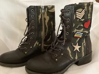 Military/Combat Style Lace Up Boot Size 7 W/ Patches And Camo Mia Nate Fashion • $22.95