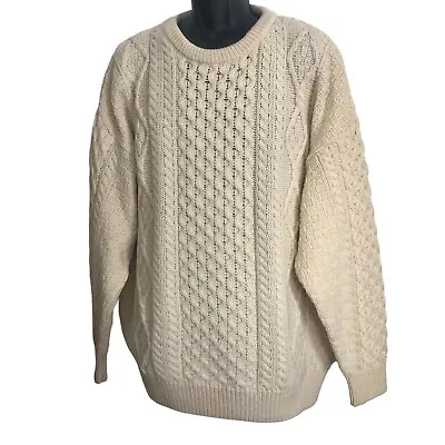 Aran Crafts Fishermans Sweater Mens XXL Ivory 100% Wool Cable Knit Ireland Made • $57.50
