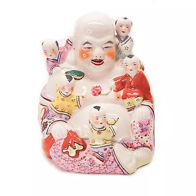 Laughing Buddha Chinese Famille Rose Porcelain With Children Statue 8” 1960's • £64.12