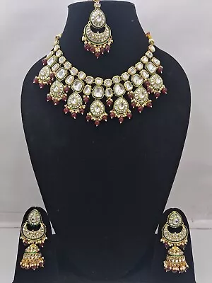 Indian Bollywood Gold Plated Kundan Bridal Necklace Earrings Jewelry Set_Maroon • $38.57