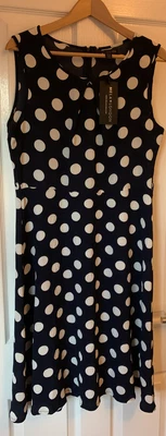 £12 • Buy MELA LONDON DRESS 16 L Navy White Polka Dot Shift Pleated Swing BNWT Retro 60s