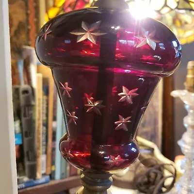 Ruby Cut-to-Clear Glass And Metal Lamp For Parts Cast Iron Base Acorn Finial • $18