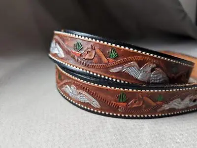 Vintage HAND TOOLED Buckle Belt WESTERN Custom 44 Brown BOB Eagle Horse COWBOY • $49.95