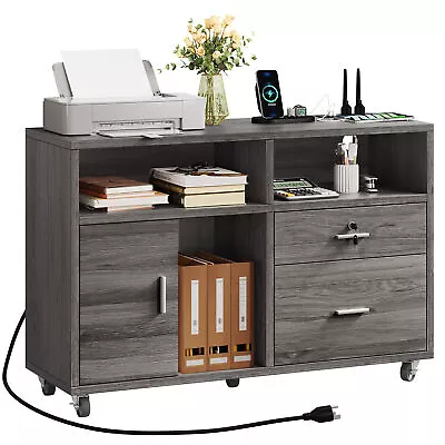 Mobile Lateral 2 Drawer Wood File Cabinet With Charging Station For Home Office • $88.99