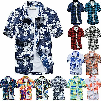 Mens Hawaiian Summer Shirts Button Down Short Sleeve Hawaii T-Shirt Blouse Tops • £14.49