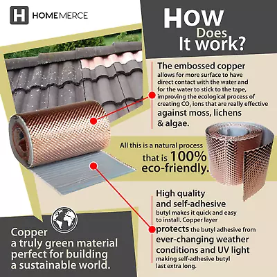 ANTI MOSS TAPE COPPER ROOF TILE ROLL SELF ADHESIVE FREE MOSS & LICHEN  5M X 15CM • £49.50