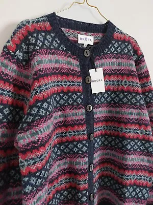 BNWT Brora Wool Fair Isle Cardigan - UK 16 - Berry / Navy • £118