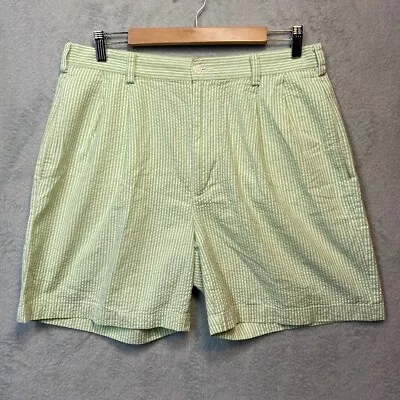 Jos. A. Bank Seersucker Shorts Men's 34 Green White Striped 7  Inseam Cotton • $17.99