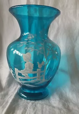 Mary Gregory Vase Blue Aqua Country Scene Boy On Fence With Dog And Rooster Vase • $50