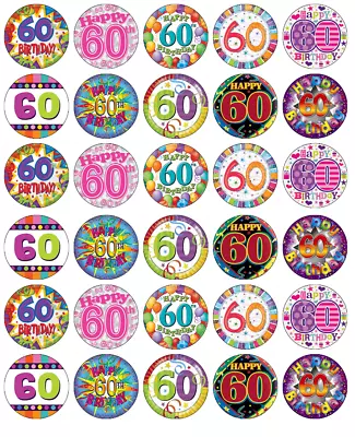 60th Birthday Mixed X 30 Cupcake Toppers Edible Wafer Paper Fairy Cake Toppers • £2.70