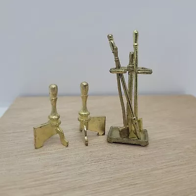 Miniature Dollhouse Fireplace Tools & Andiron Set Gold Tone Metal • $0.99