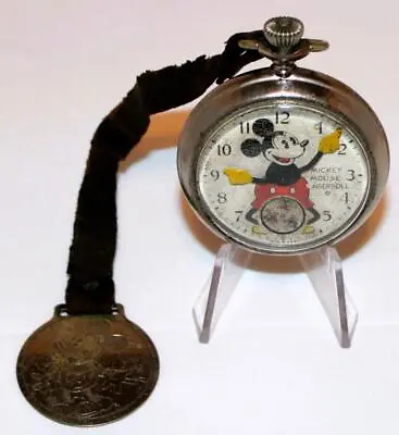 Rare! Disney  1st 1933 Vers. 👍 Ingersoll  Mickey Mouse Pocket Watch  +fob+strap • $749.99