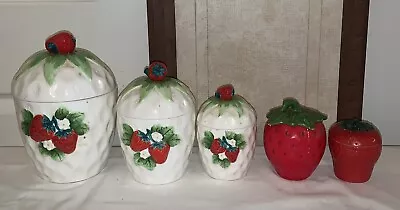Vintage Set Of 3 Strawberries Canister Set Including Lids Made By Lefton. ++ • $24.99