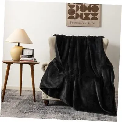 Big Faux Rabbit Fur Blanket King Size 350GSM Reversible Anti 66*90  Black 300 • $27.98
