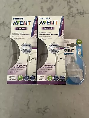 Philips Avent Natural Glass Baby Bottle 240Ml SCF053/17 AND Anti Colic Teats • $50