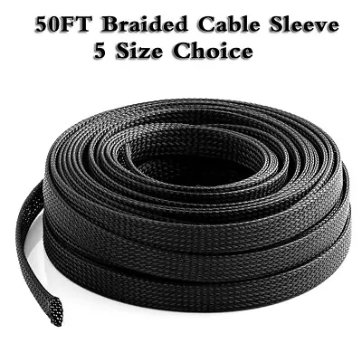 50FT PET Expandable Wire Cable Sleeving Sheathing Braided Loom Tubing Black • $9.99