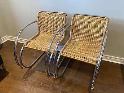 Set Of 2 Mies Van Der Rohe MR20 Dining Chairs In Rattan And Chrome • $2926.44