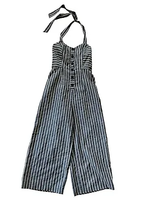 Zara Jumpsuit Womens Medium Romper Gray White Striped Sleeveless Pockets Halter • $24.99