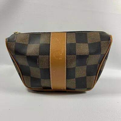 Authentic FENDI Brown And Black Vintage Checkered Print Pouch Leather Italy Made • $197.06